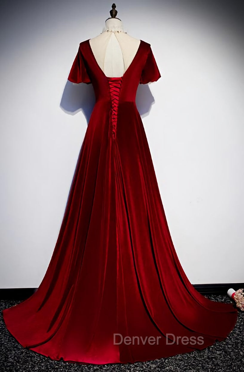 Dark Red Velvet  Long Prom Dresses, Charming Formal Gown