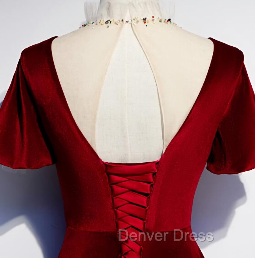 Dark Red Velvet Long Prom Dresses, Charming Prom Gowns