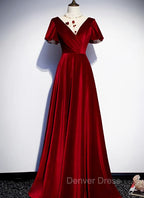 Dark Red Velvet  Long Prom Dresses, Charming Formal Gown