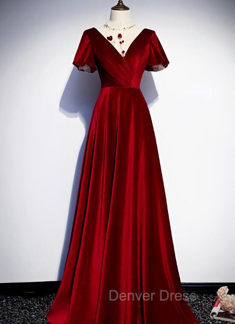 Dark Red Velvet  Long Prom Dresses, Charming Formal Gown
