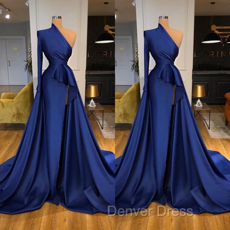 Dark Royal Blue One shoulder Ruffles Side cut Overskirt Prom Dresses