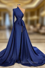 Dark Royal Blue One shoulder Ruffles Side-cut Overskirt Prom Dresses