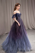 Dark Starry Sky Purple Tulle Long Prom Dresses Purple Evening Dresses