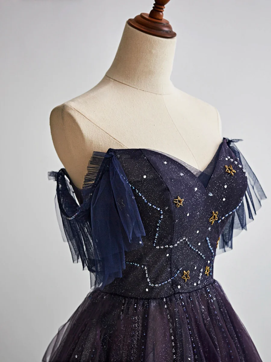 Dark Starry Sky Purple Tulle Long Prom Dress Purple Prom Dresses