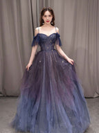 Dark Starry Sky Purple Tulle Long Prom Dress Purple Prom Dresses