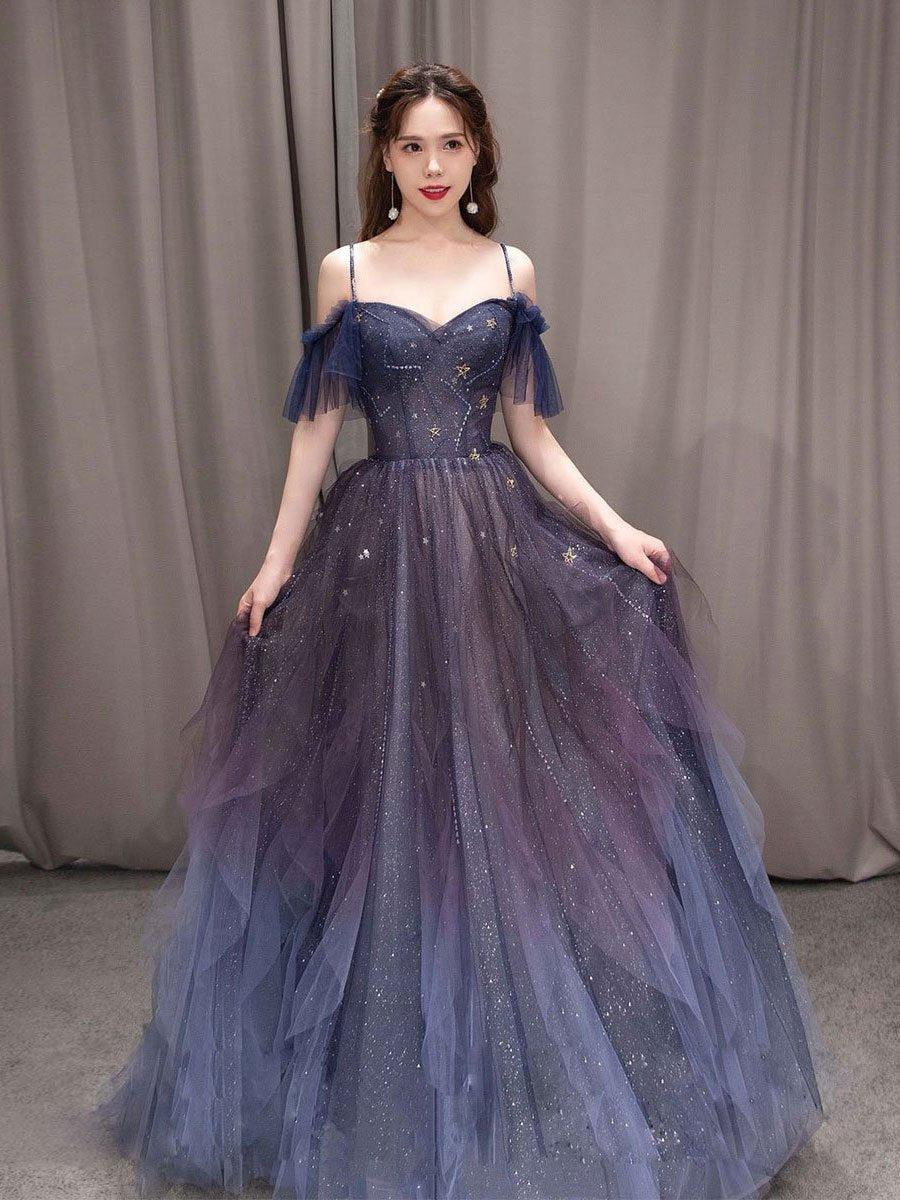 Dark Starry Sky Purple Tulle Long Prom Dress Purple Prom Dresses