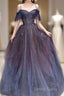 Dark Starry Sky Purple Tulle Long Prom Dresses Purple Evening Dresses