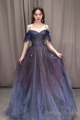 Dark Starry Sky Purple Tulle Long Prom Dress Purple Evening Dress