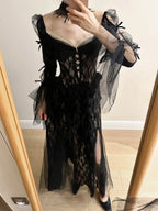 Dark Vintage Black Long Sleeve High-Slit Lace Tulle Prom Dresses Evening Dresses