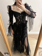 Dark Vintage Black Long Sleeve High-Slit Lace Tulle Prom Dresses Evening Dresses