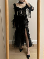 Dark Vintage Black Long Sleeve High-Slit Lace Tulle Prom Dresses Evening Dresses