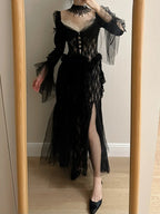 Dark Vintage Black Long Sleeve High-Slit Lace Tulle Prom Dresses Evening Dresses