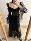 Dark Vintage Black Long Sleeve High-Slit Lace Tulle Prom Dresses Evening Dresses