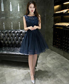 Dark Blue Lace Beading Short Prom Dress Dark Blue Prom Dresses