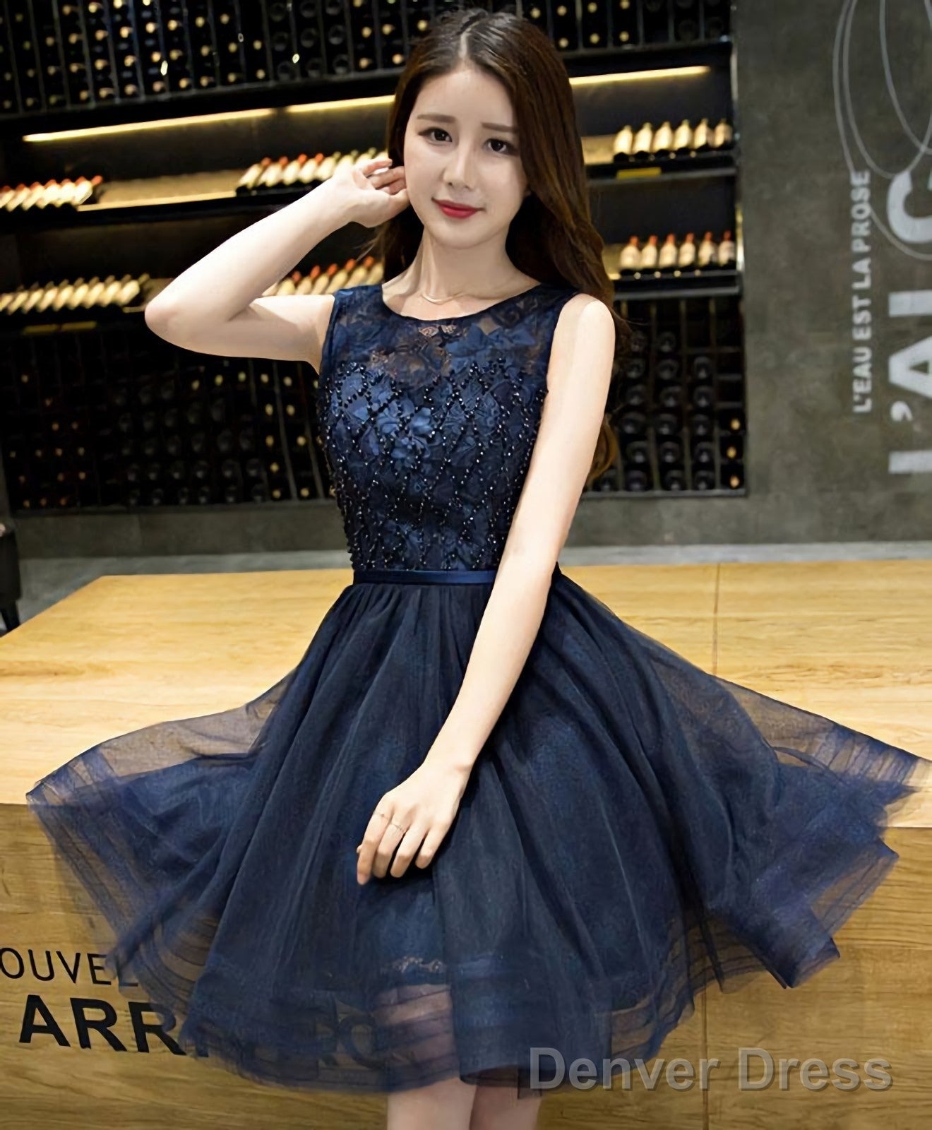 Dark Blue Lace Beading Short Prom Dress Dark Blue Prom Dresses