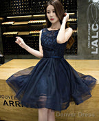 Dark Blue Lace Beading Short Prom Dress Dark Blue Prom Dresses