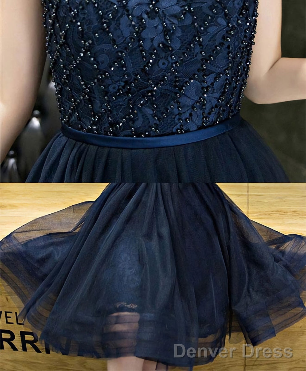 Dark Blue Lace Beading Short Prom Dress Dark Blue Prom Dresses