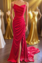 Straps Red Ruched Mermaid Long Formal Dresses