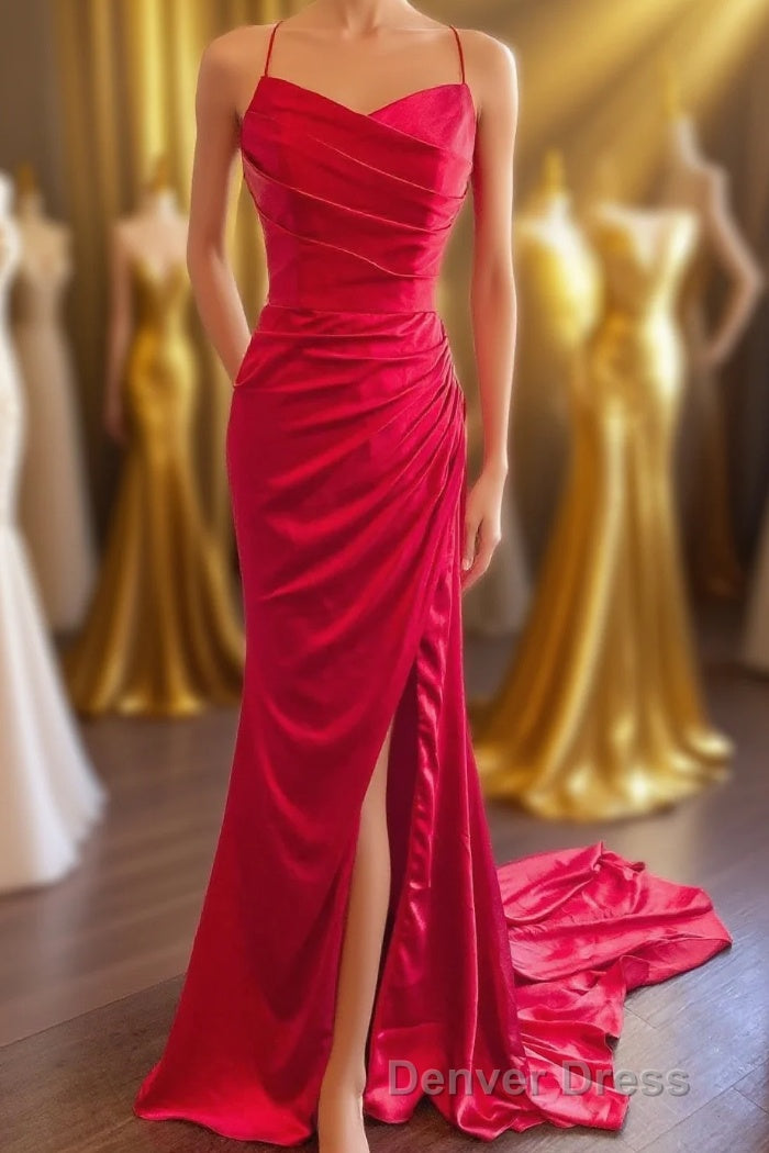 Straps Red Ruched Mermaid Long Formal Dresses