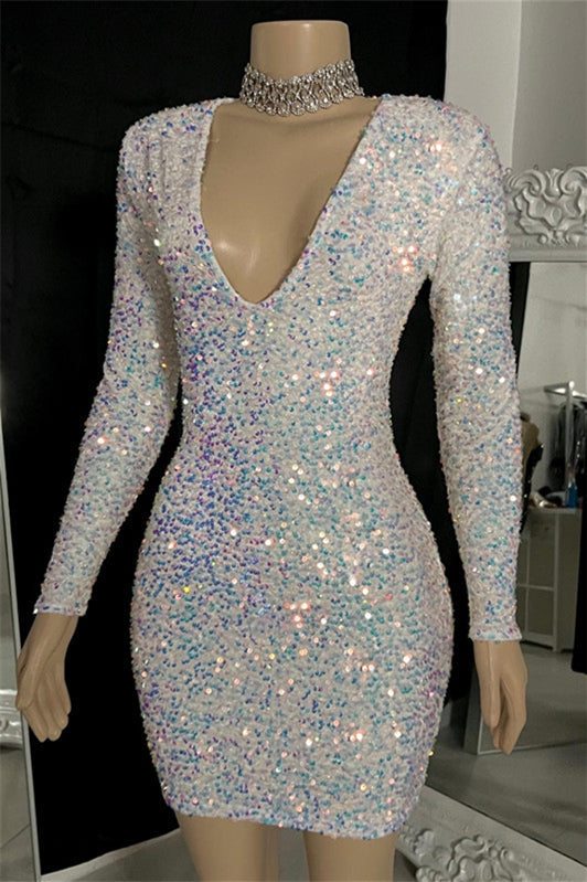 Dazzling V-Neck Long Sleeveless Mini Sequins Prom Dresses Sheath On Sale Main image