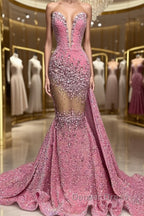 V-Neck Sequins Prom Dresses Mermaid Sleeveless Crystal.