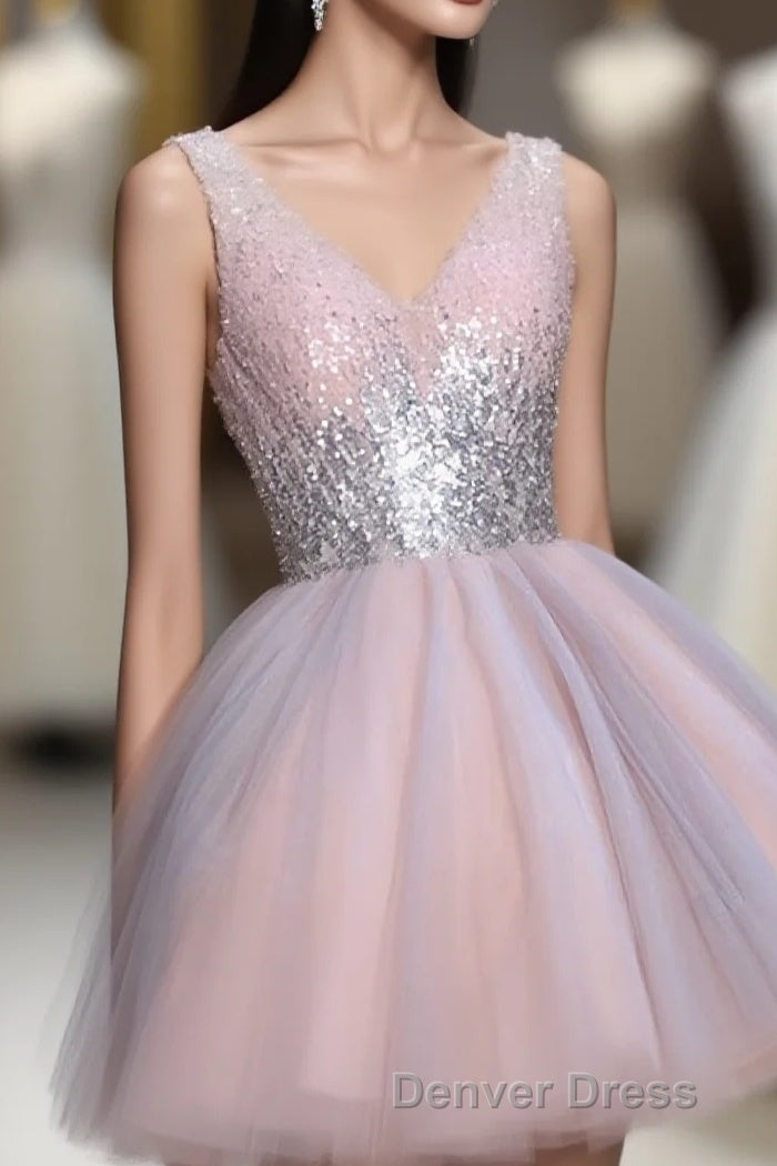 Cute Pink V Neck Tulle Seqsuins Short Prom Dresses, Cocktail Dresses Main image