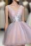 Cute Pink V Neck Tulle Seqsuins Short Prom Dresses, Cocktail Dresses
