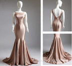 Deep Champagne Mermaid Simple Satin Long Prom Dresses Backless Prom Gowns