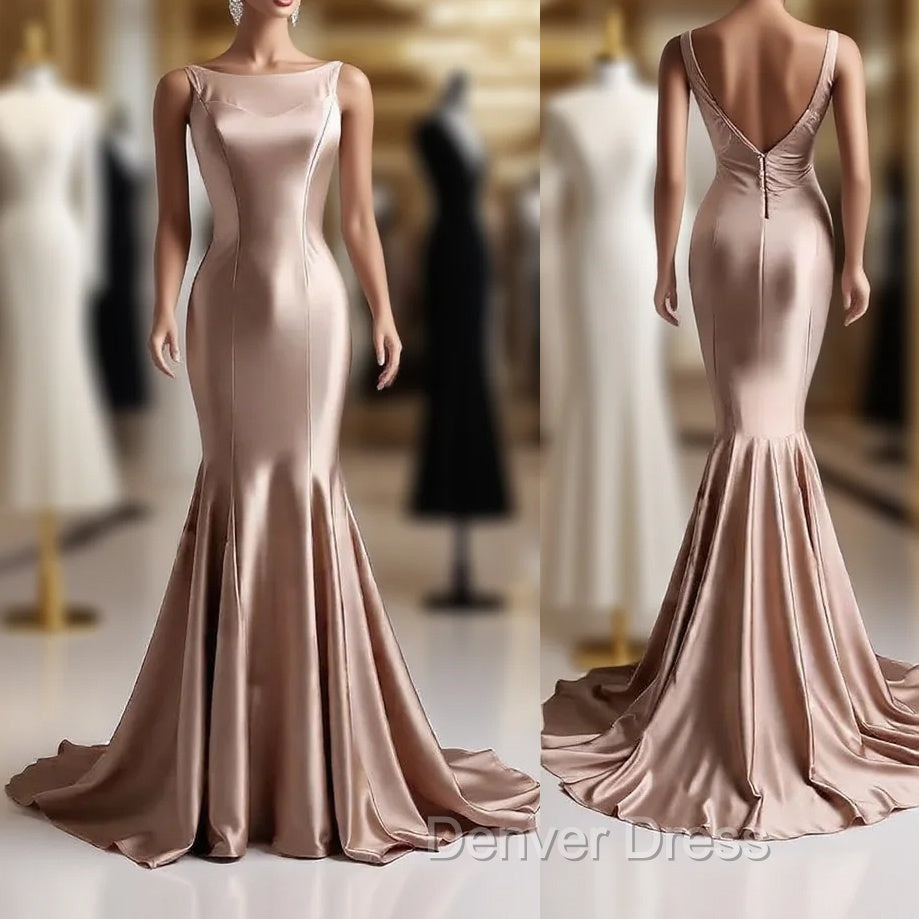 Deep Champagne Mermaid Simple Satin Long Prom Dresses Backless Prom Gowns