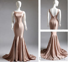 Deep Champagne Mermaid Simple Satin Long Prom Dress Backless Evening Gown