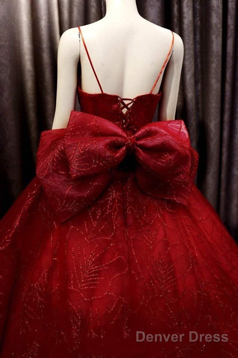 Deep Red Sparkle Beaded Thin Strap V Neck Ball Gowns Wedding Dress With Bow Back, Sweep Train & Glitter Tulle Prom Dresses