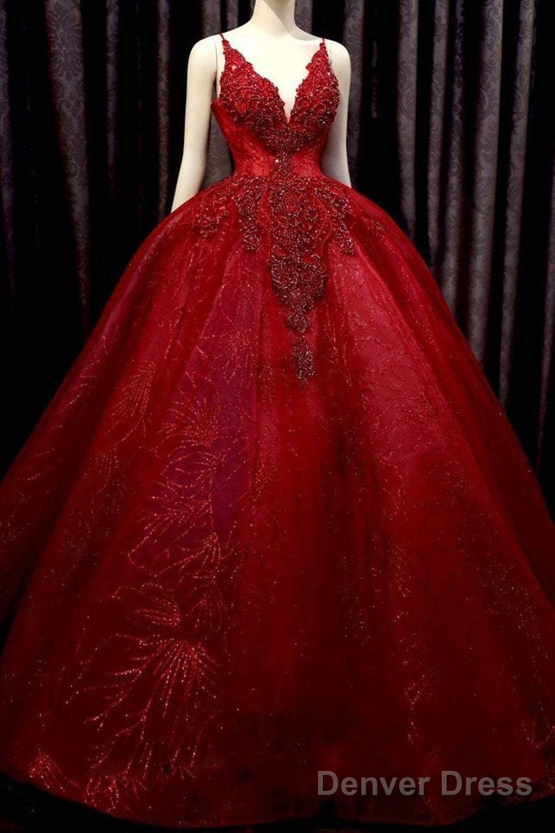 Deep Red Sparkle Beaded Thin Strap V Neck Ball Gown Wedding Dress With Bow Back, Sweep Train & Glitter Tulle Prom Dress Main image