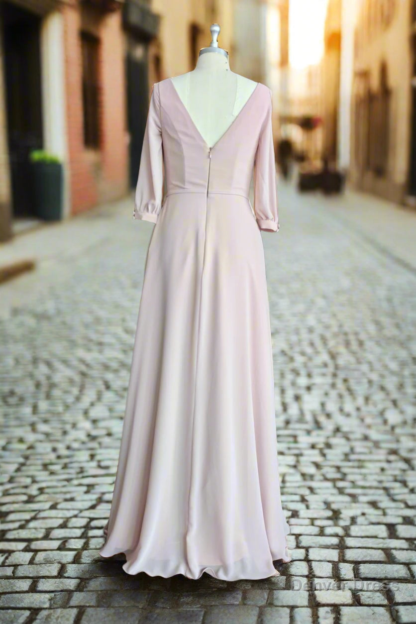 Deep V-neck 1/2 Sleeves Chiffon Max Dresses Side-Slit Floor-Length Bridesmaid Dress