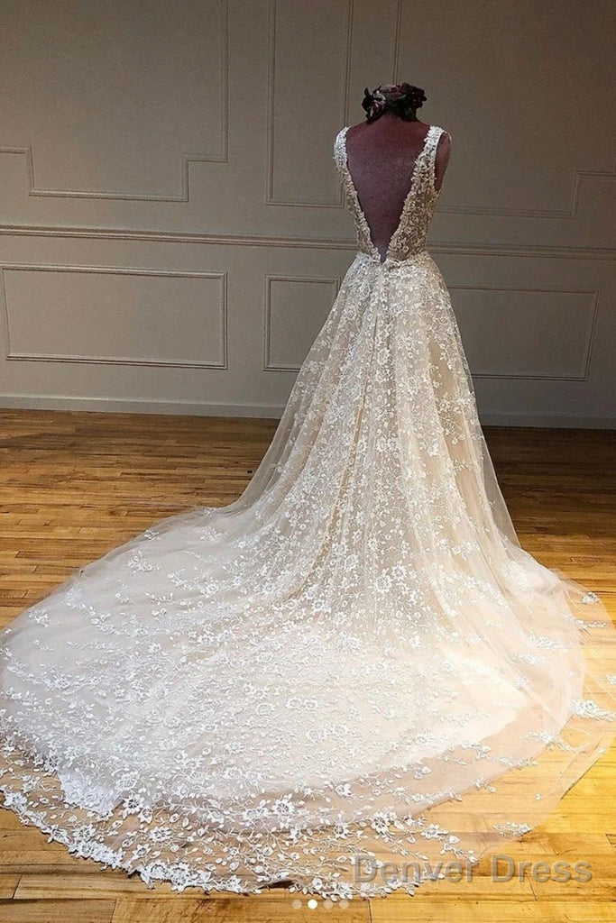 Deep V Neck And V Back Champagne Lace Long Wedding Dress, Champagne Lace Prom Dresses Secondary image