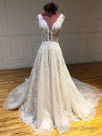 Deep V Neck And V Back Champagne Lace Long Wedding Dress, Champagne Lace Prom Dresses
