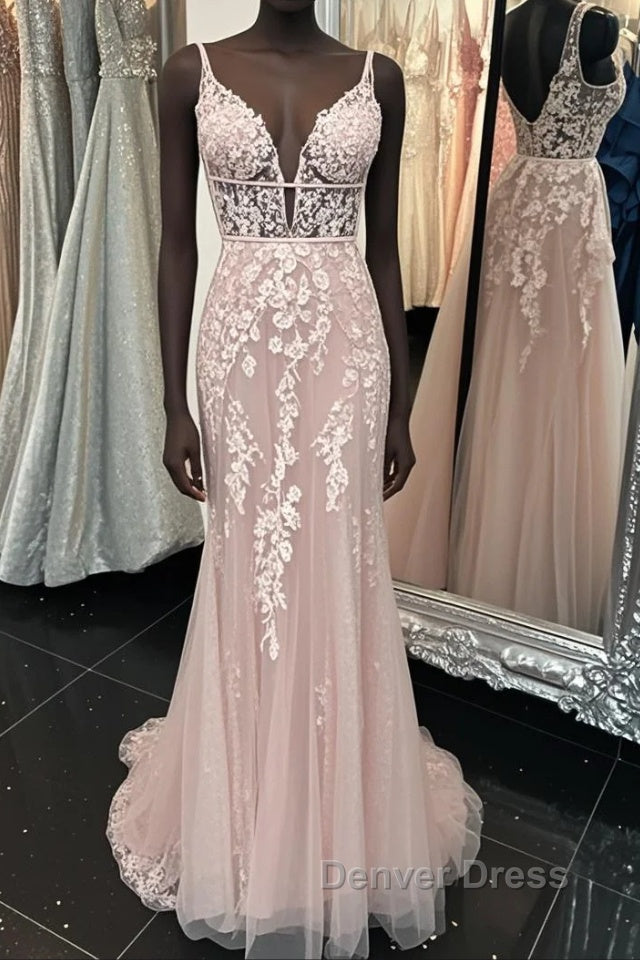 Deep V Neck Backless Pink Lace Long Prom Dress, Long Pink Lace Prom Graduation Prom Dresses Main image