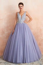 Deep V Neck Beaded Tulle Lavender Prom Dresses