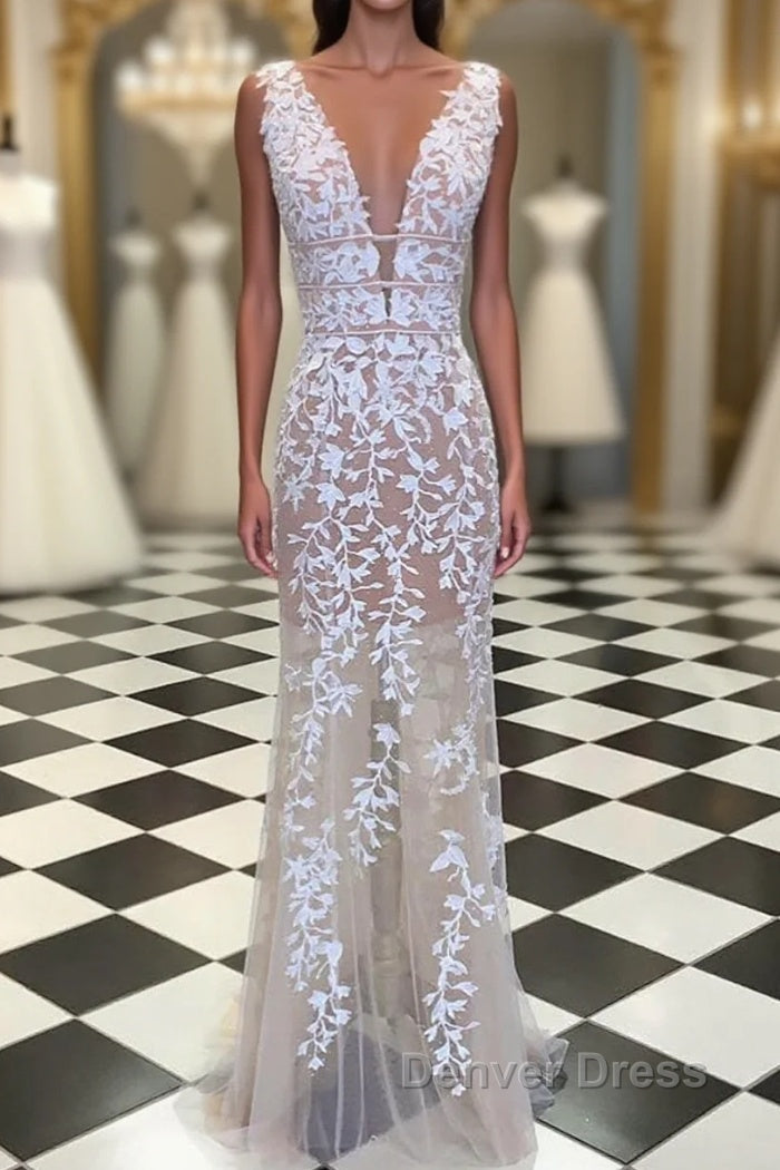 Deep V Neck Champagne Lace Prom Dress, V Neck Champagne Lace Wedding Dress Prom Dresses Main image