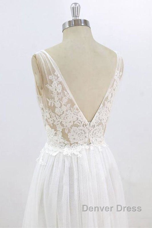 Deep V Neck Lace A Line Tulle Wedding Dresses