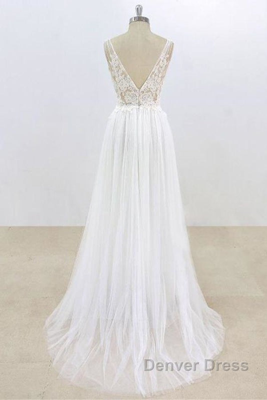 Deep V Neck Lace A Line Tulle Wedding Dresses