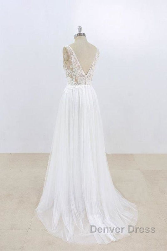 Deep V-neck Lace A-line Tulle Wedding Dresses