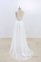 Deep V Neck Lace A Line Tulle Wedding Dresses