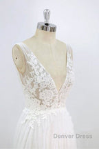 Deep V Neck Lace A Line Tulle Wedding Dresses