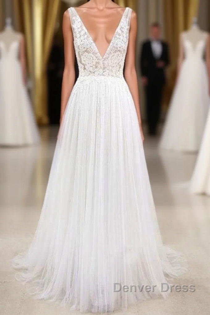 Deep V-neck Lace A-line Tulle Wedding Dresses Main image