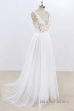 Deep V Neck Lace A Line Tulle Wedding Dresses