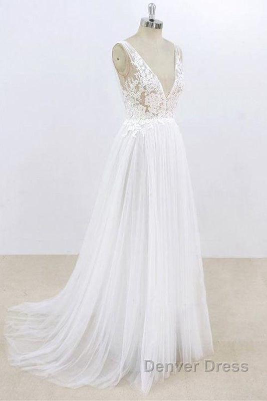 Deep V Neck Lace A Line Tulle Wedding Dresses