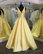 Deep V-Neck Long Satin Floor Length Prom Dress Backless Evening Gowns