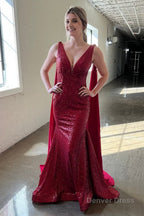 Deep V Neck Mermaid Burgundy Sparkly Sequins Long Prom Dresses