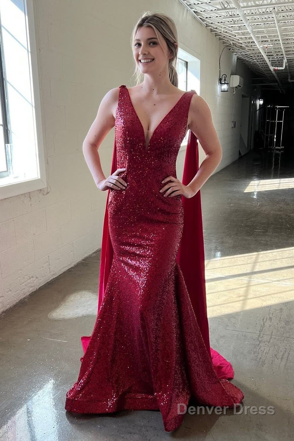 Deep V Neck Mermaid Burgundy Sparkly Sequins Long Prom Dresses