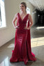 Deep V Neck Mermaid Burgundy Sparkly Sequins Long Prom Dresses